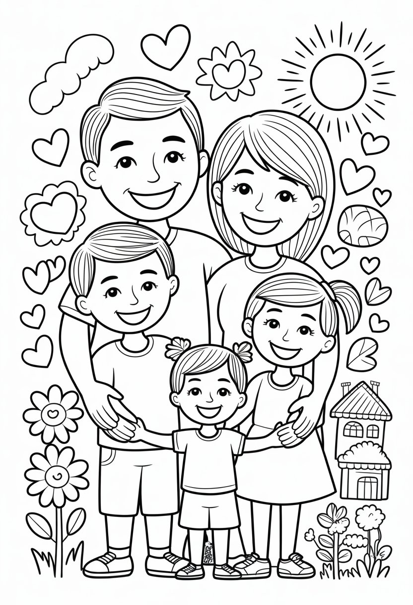 I Love My Family Coloring Pages List of 13 Fun and Educational Designs 30 A happy family of four holding hands outdoors near a tree and a small house with a sun shining above.